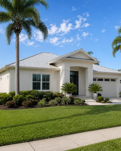 Example photo: a single-story white house with a metal roof, palms and a wide lawn, seen from the sidewalk